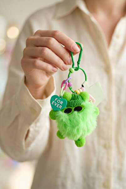 Elika Silver Cute Green Plush Keychain Charms with Heart Detail Bag