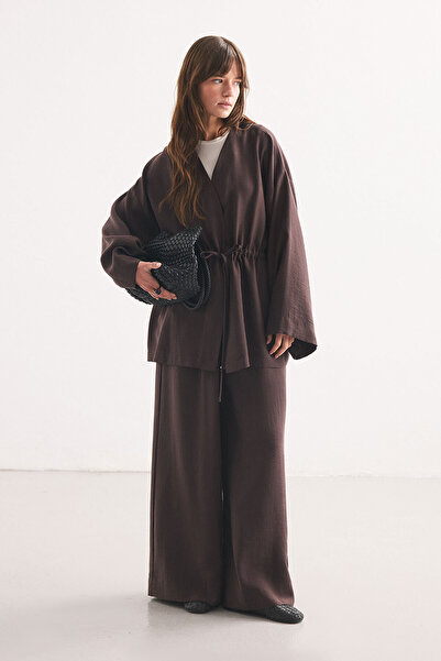 Hooopstore Coffee Kimono Trouser Set with Front Tie Detail