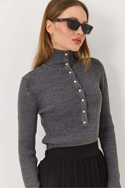 Raneel Kazançlı Alışveriş Women's Gray D Mock Neck Snap Fastener Y Soft-Textu...