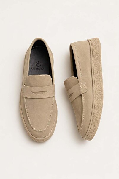 VARNAS Men's Beige Nubuck Loafers Genuine Calfskin Leather Si Inner Outer Lea...