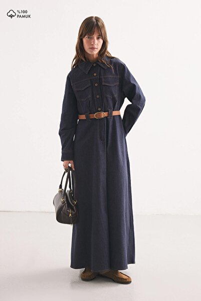 Hooopstore Denim Look Belt Navy Blue Dress