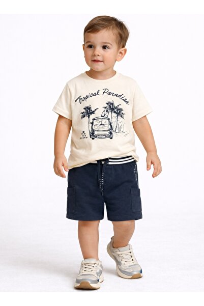 Dirkje Boys 2 Pc Set “Tropical Wheels” Cotton Tee & Striped-Waistband Shorts Set