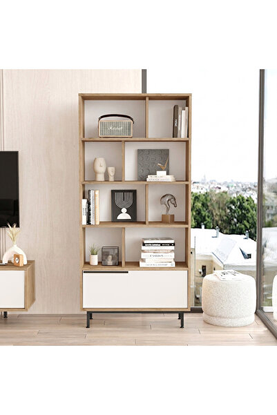 Yurupa Bohem Kitaplık Raf Metal Ayaklı 176cm Kapaklı Sepet-Beyaz BOH4-SW