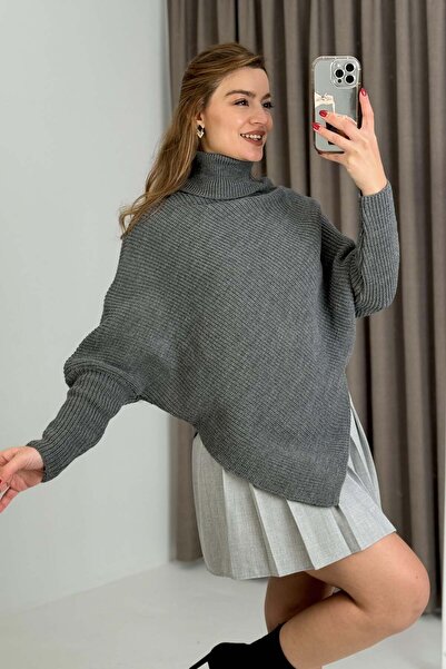 Raneel Kazançlı Alışveriş Women's Turtleneck Asymmetrical Cut Sweater Gray