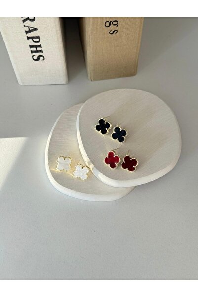 Bade Jewelry Vip Gold Bordo/Beyaz/Siyah Yonca Model Modern Küpe(Renk Seçimi Y...