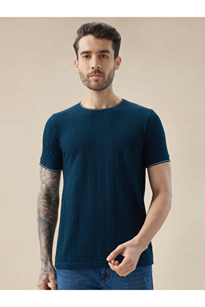 STATUS QUO Textured Regular Fit Teal T-shirt