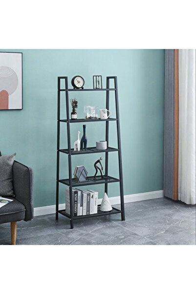 Sumkyle رف سلمي، رف كتب من 5 طبقات، رف تخزين، خزانة كتب بإطار فولاذي باللون ا...