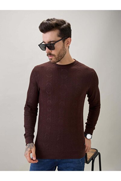 STATUS QUO Textured Full Sleeve Regular Fit Dark Brown T-Shirt