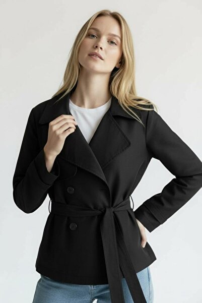 Raneel Kazançlı Alışveriş Astarlı Kadın Kısa Kuşaklı Trençkot Siyah