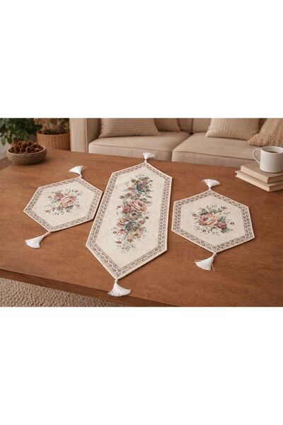 Yeshome Collection طقم مفارش طاولة بتصميم باقة الزهور العتيقة مع شرائط زينة و...