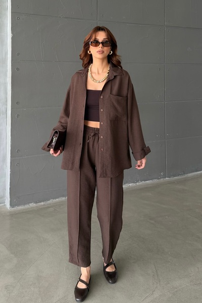 BEJNA Women's Linen Look Shirt and Pants Top and Bottom Set