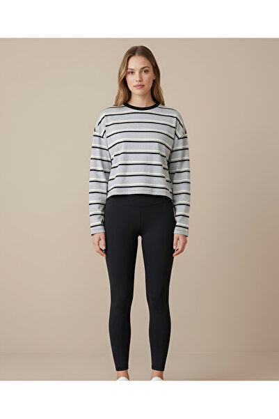 BLOUSE Gri Çizgili Uzun Kol Oversize T-şhirt