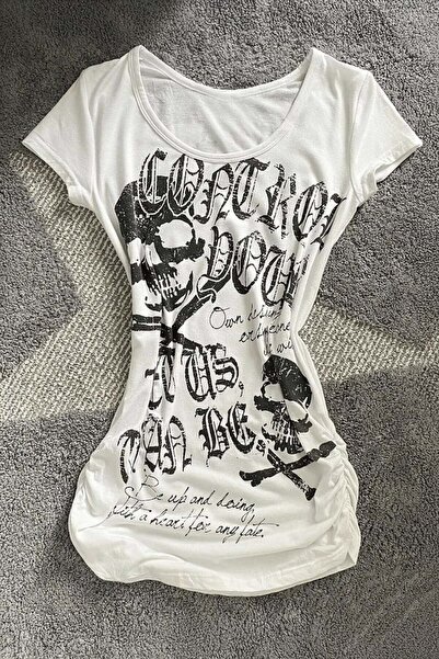 Köstebek White Gothic Skulls Control Wide Collar Y2K Short Sleeve Crop