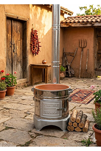 Efsoon Organics Güveç Toprak Mangal Seti - Krom Güveç Soba 38 cm