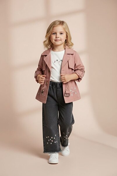 LEAKİDS KIZ ÇOCUK BAYRAMLIK 3LÜ TRENÇKOTLU PANTALON BADİ TAKIM