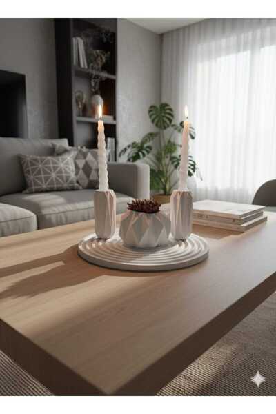 M&C Concept El Yapımı Taş Tozu 4’lü Şamdan & Saksı Dekoratif Set – Modern Mum...