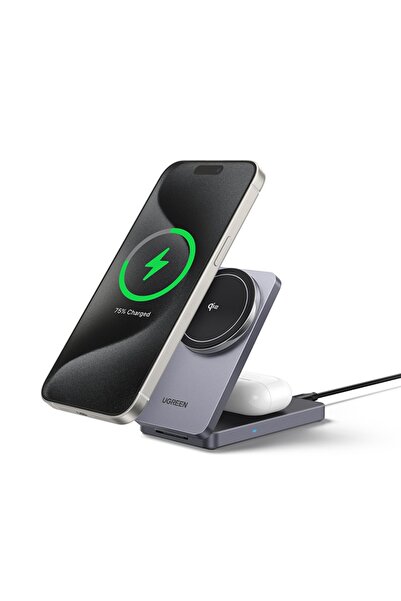 Ugreen 20W 2-in-1 Wireless Charger, Adjustable Foldable Stand 70°, USB-C, FOD...