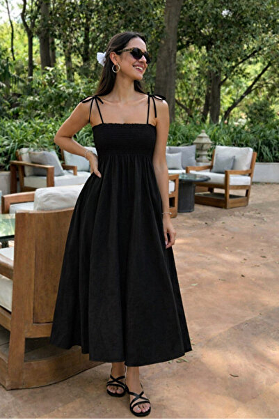 BLUSS Women's Black Strappy Gipeli Long Dress Summer Comfortable Cut Casual D...