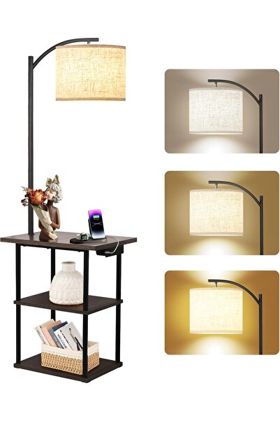 YESMAX مصباح أرضي مع طاولة، طاولات جانبية مزودة بمحطة شحن ومصابيح LED، أرفف ع...