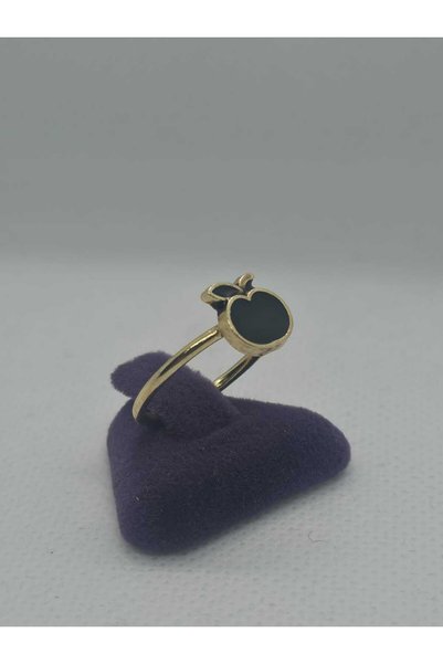 sarıyer silver Apple Figured Steel Children's Ring with Enamel Inlay, Yellow Gold Color Plated, Adjustable Size