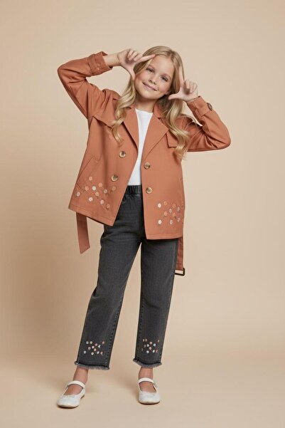 LEAKİDS KIZ ÇOCUK BAYRAMLIK 3LÜ TRENÇKOTLU PANTALON BADİ TAKIM