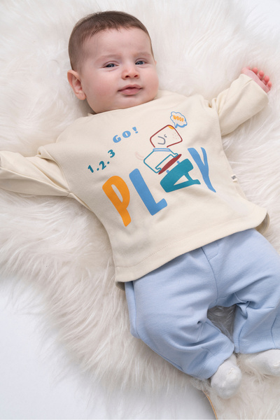 Moi Noi Premium Dog "Play" Printed Double Set - Ecru & Ice Blue