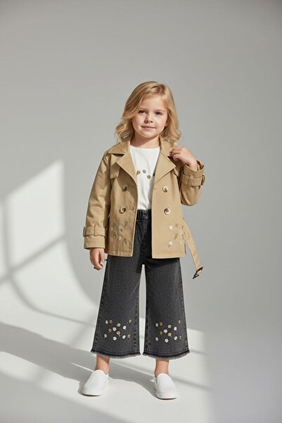 LEAKİDS KIZ ÇOCUK BAYRAMLIK 3LÜ TRENÇKOTLU PANTALON BADİ TAKIM