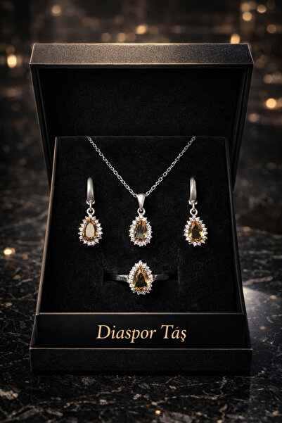 925 Ayar Gümüş Diaspor Taşlı Damla Model Küpe Kolye Yüzük Seti | Işığa Göre R...