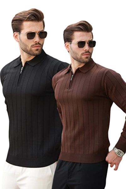 Madmext Μαύρο/Καφέ Πλεκτό Πουλόβερ με Γιακά Πόλο και Φερμουάρ, Σετ 2 τεμαχίων...