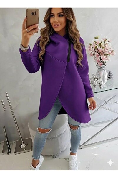 Afri Hanorac mov pentru femei, asimetric, cu fermoar supradimensionat cu glug...