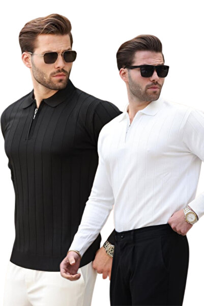 Madmext Μαύρο/Λευκό πλεκτό πουλόβερ με φερμουάρ και λαιμόκοψη πόλο, σετ 2 τεμ...