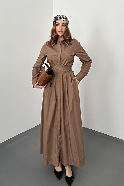 Elbee Fashion Woman Καφέ φόρεμα με κουμπιά Ποπλίνα