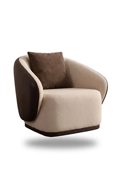 Evondi Krem Modern Berjer – Deri Detaylı Ahşap Kollu Yumuşak Dokulu Kumaş Lük...