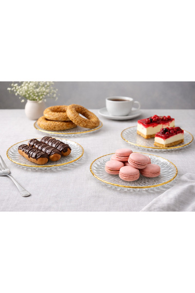 LeyMasion Gold Kenarlı Cam Servis Tabağı 4'lü Set | Desenli Cam Pasta Tatlı S...