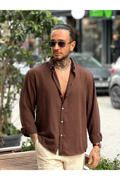 manch collection Kendinden Patterned Oversized Göbiş Shirt Brown