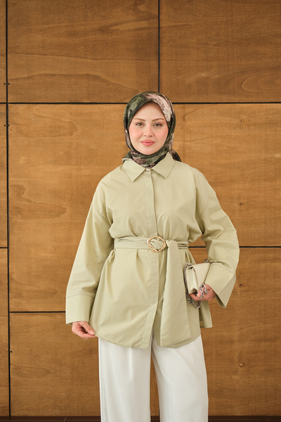 LOCCO Ženska Sa detaljem kopče košulja sa dugim pojasom, zelena