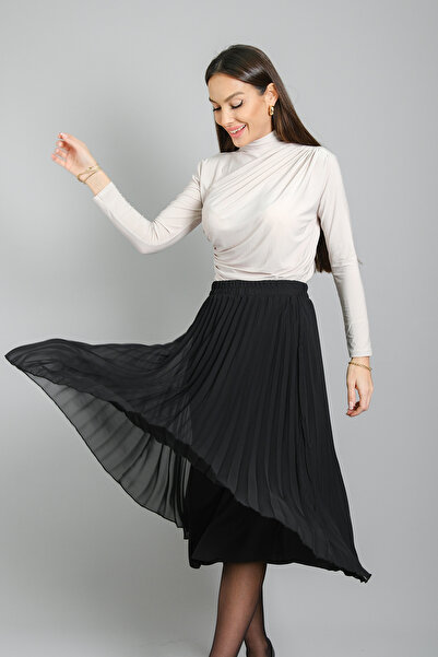 SWEETNESS تنورة نسائية سوداء مبطنة متوسط الطول بليسيه