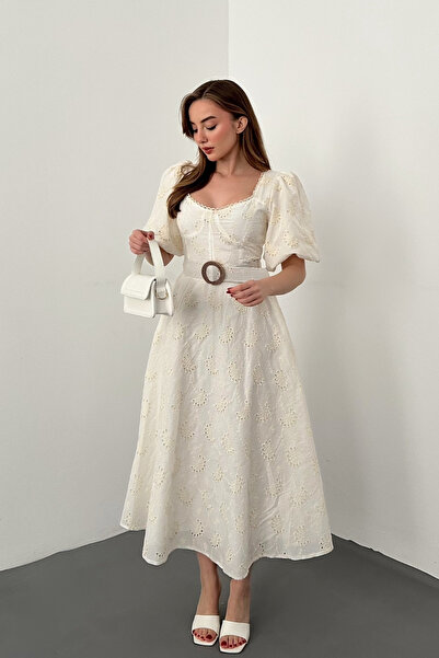 Elbee Fashion Woman Rochie Bej Balon cu detalii la mânecă brodat