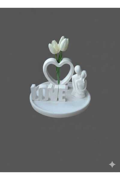 Pura Design El Yapımı Taş Tozu 4’lü LOVE Yazılı Dekoratif Set – Kalpli & Çift Figürlü Salon Aksesuarı