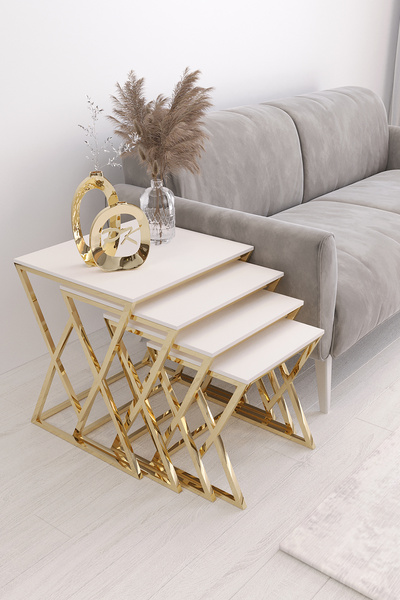 Puklife Masal 4'lü Kare Zigon Sehpa Seti Gold Ayak, Krem Mdf