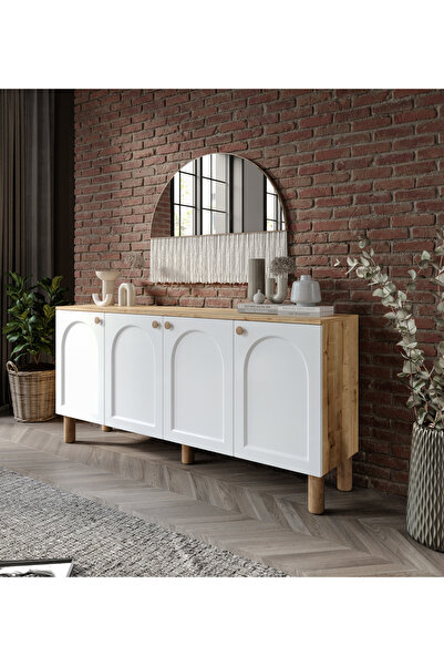 KZNMOB HOME Yıldız Çok Amaçlı Membran Kapaklı Bohem Konsol Beyaz-Meşe, Bohem ...