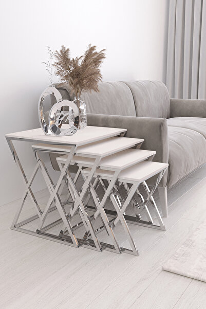 Puklife Masal 4'lü Kare Zigon Sehpa Seti Gümüş Ayak, Krem Mdf