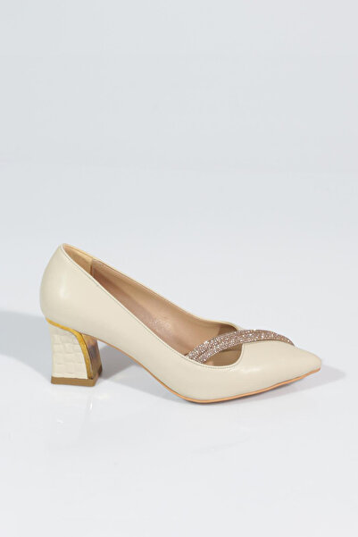 DGN 3201 Women's Pointed Toe Silver Stone Thick Heeled Shoes