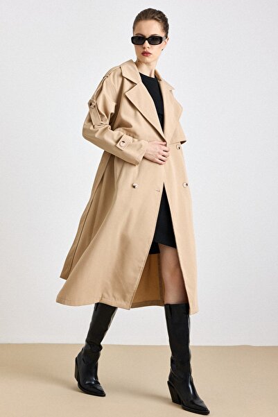 Olcay Casual Half Lined Trench Coat with Epaulet and Cape Detail Kamel 6844