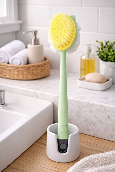 genel tr إسفنجة حمام وفرشاة استحمام ذات مقبض طويل وفعالة للتدليك على الوجهين