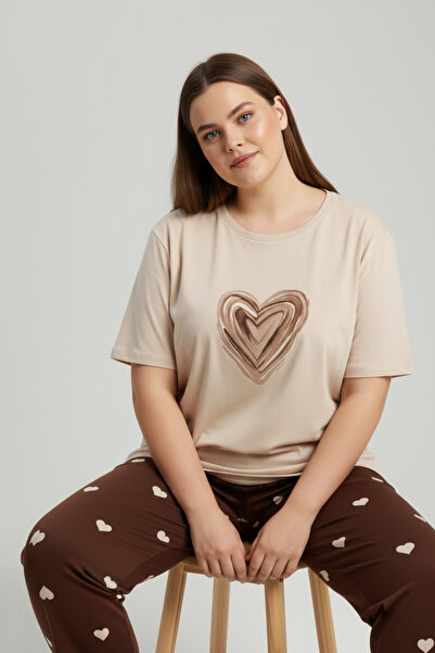 İPEKTENİM Çizgisel Kalp Baskılı Kısa Kollu Büyük Beden Pijama Takımı