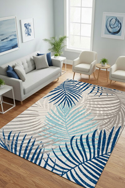 The Reef Design Mavi Tropikal Yaprak Desenli Halı Dijital Baskılı Kaymaz Mode...