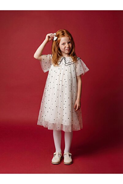 LC Waikiki Lcw Kids Ecru Peter Pan collar Heart Patterned Girl's Dress