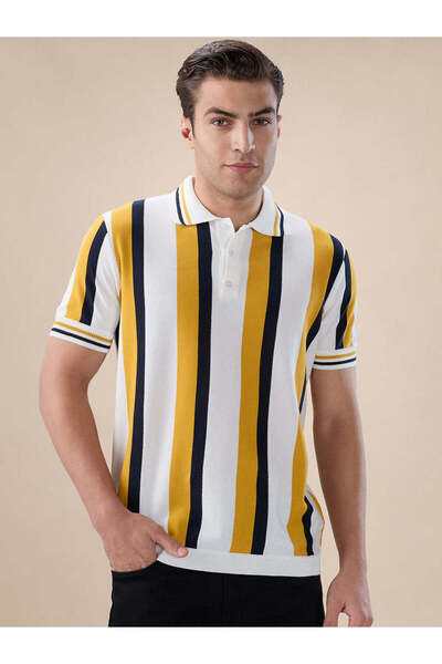 STATUS QUO Vertical Stripe Knitted Regular Fit Sunflower Polo T-shirt