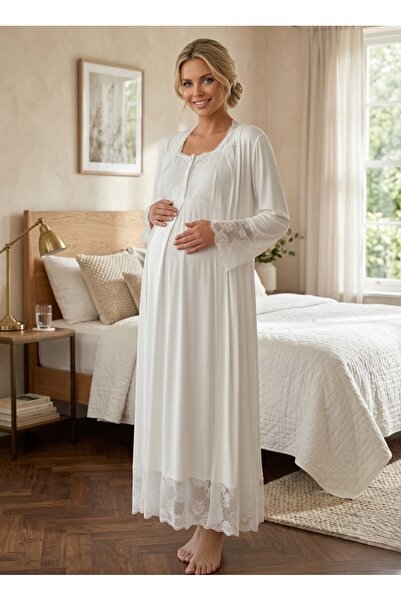 Lohusa Dünyasi Kadın Ekru Dantelli 2'Li Lohusa Hamile Gecelik Sabahlık Takım ...